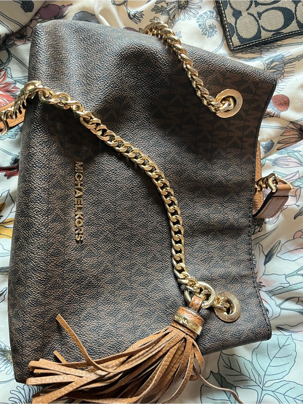 Michael Kors Dark Brown Leather Shoulder Bag with Gold Chain & Tassel
